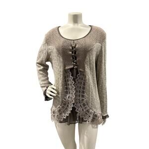 Romantic Boho Peasant Scoop Neck Sheer Inlay Embroidered Sz 10 Beige Lace Up Top